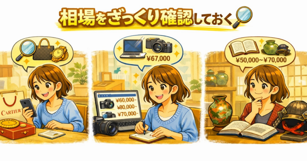 ブランド品やカメラ、骨董品の買取相場をスマホやパソコンで事前に確認している女性のイラスト