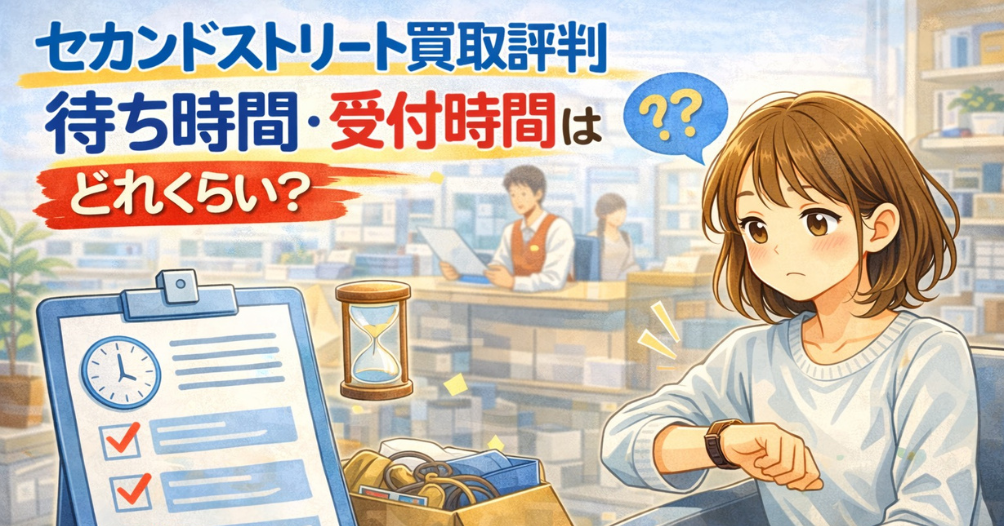 セカンドストリート買取評判の記事用に、待ち時間や受付時間を気にしながら時計を見る女性を描いたイメージ画像