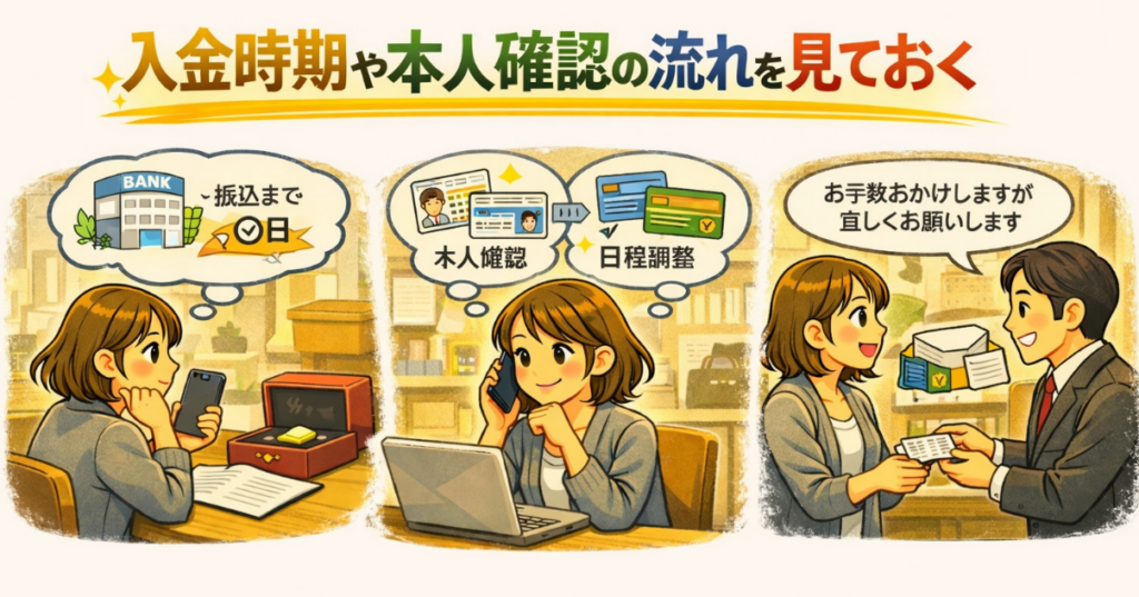 買取前に振込時期や本人確認、日程調整の流れを確認している様子を描いたイラスト
