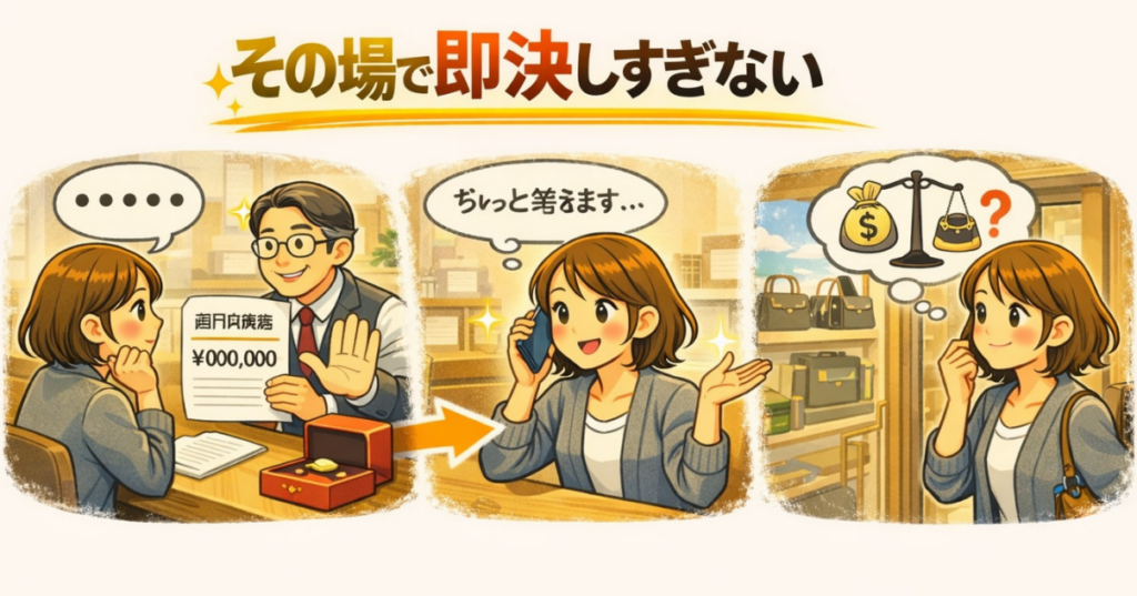 買取査定の場で即決せず、いったん考えて比較検討することの大切さを表現したイラスト
