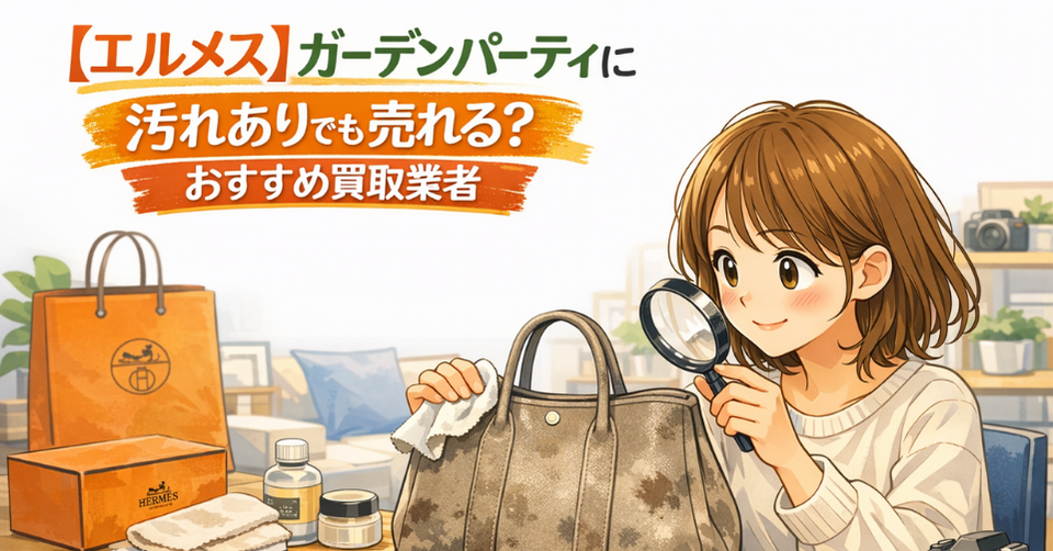汚れのあるエルメスのガーデンパーティを虫眼鏡で確認する女性と、おすすめ買取業者という文字が入ったアイキャッチ画像