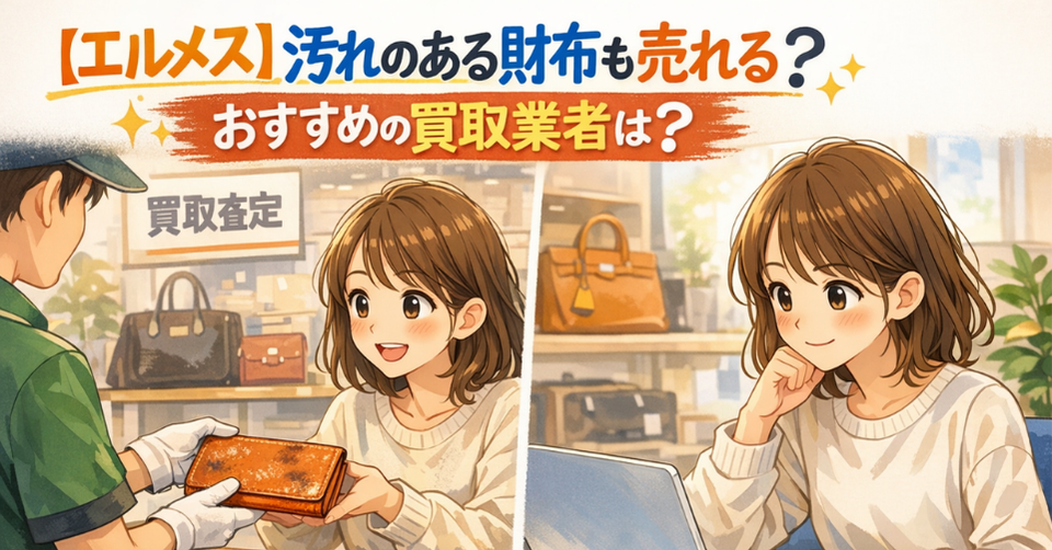 汚れのあるエルメスの財布を査定に出す場面と、売る前に比較検討する女性が描かれたアイキャッチ画像