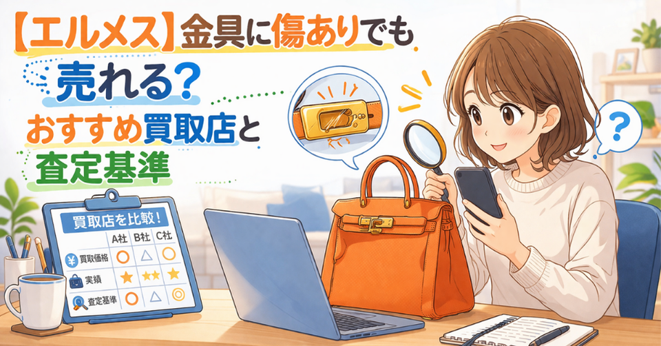 金具に傷のあるエルメスのバッグを見ながらおすすめ買取店と査定基準を調べる女性のイラスト