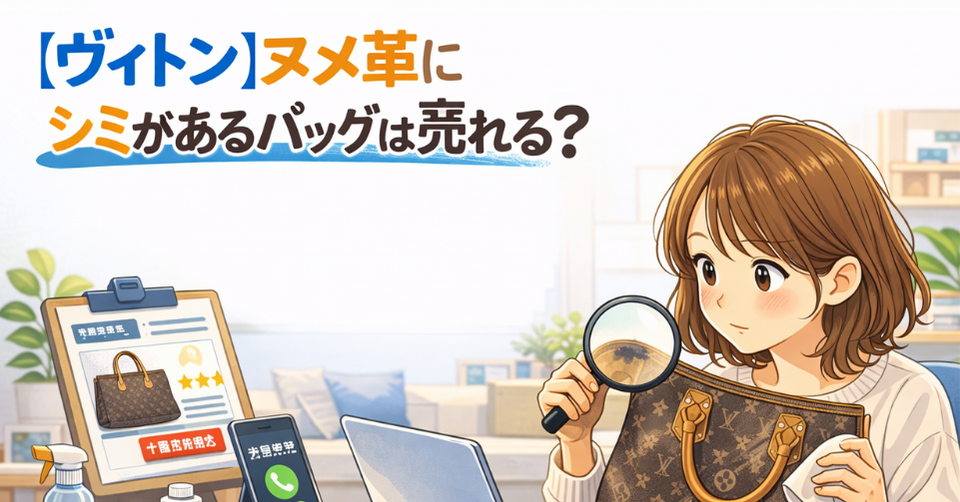 ルイヴィトンのヌメ革バッグのシミを虫眼鏡で確認しながら査定を検討する女性のイメージ