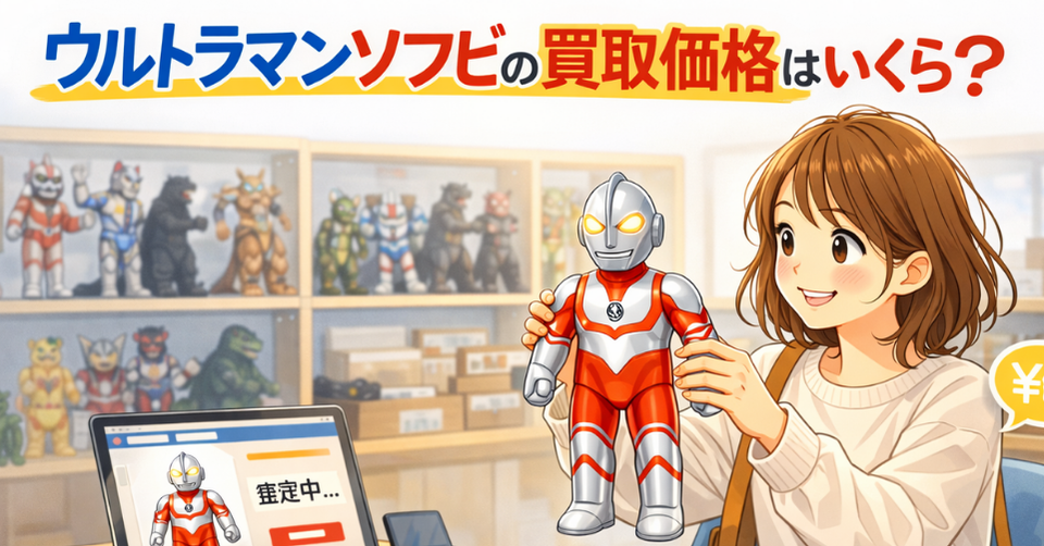 ウルトラマンソフビの買取価格はいくら？というタイトルと、ウルトラマンソフビを手に査定をイメージする女性を描いたアイキャッチ画像