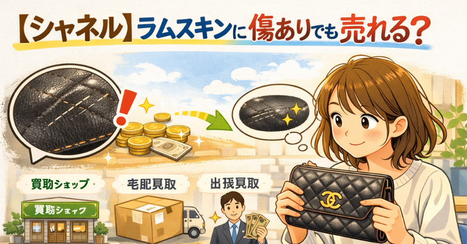 傷のあるシャネルのラムスキン財布を女性が持ちながら売却を検討しているイメージ