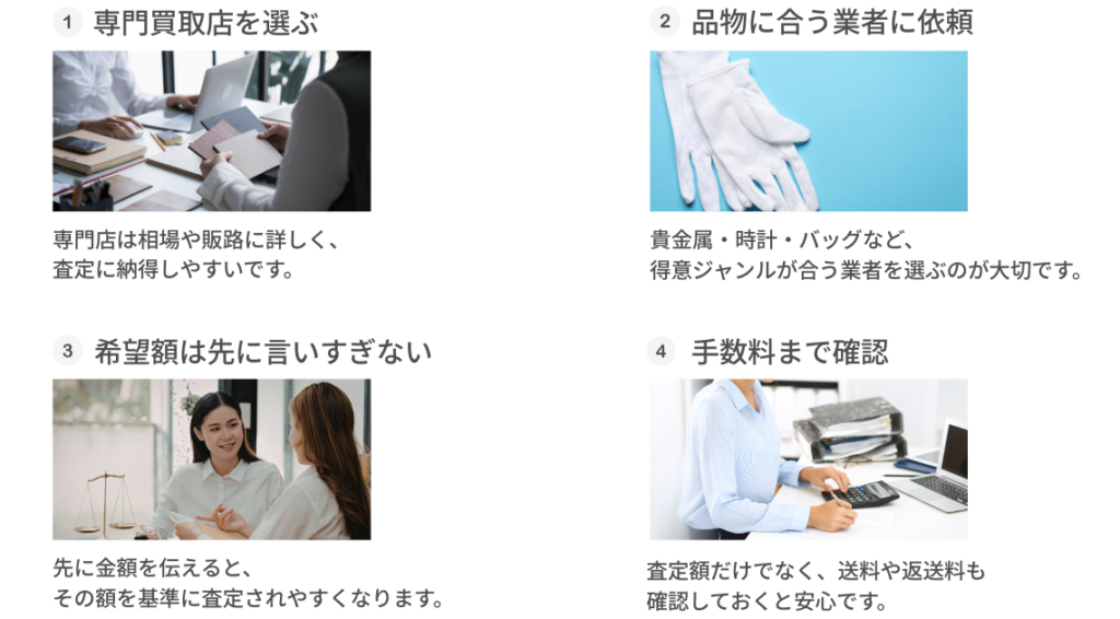 不用品買取で失敗しない4つのコツを紹介する画像。専門買取店を選ぶ、品物に合う業者に依頼する、希望額を先に言いすぎない、手数料まで確認するポイントをまとめている。