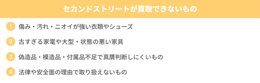 セカンドストリートで買取できないものとして、傷みや汚れやニオイが強い衣類・古すぎる家電や大型家具・偽造品や付属品不足の商品・法律や安全面の理由で取り扱えないものをまとめた一覧画像