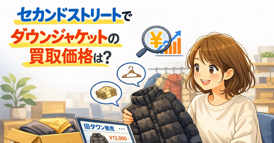 セカンドストリートでダウンジャケットの買取価格を調べる女性と冬服の査定イメージ