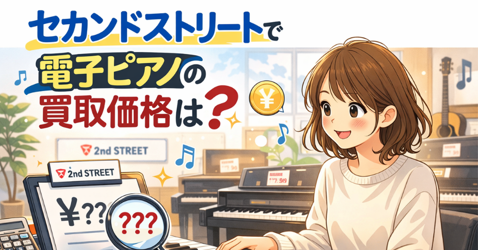 セカンドストリートで電子ピアノの買取価格を調べる女性と店内のピアノ査定イメージ