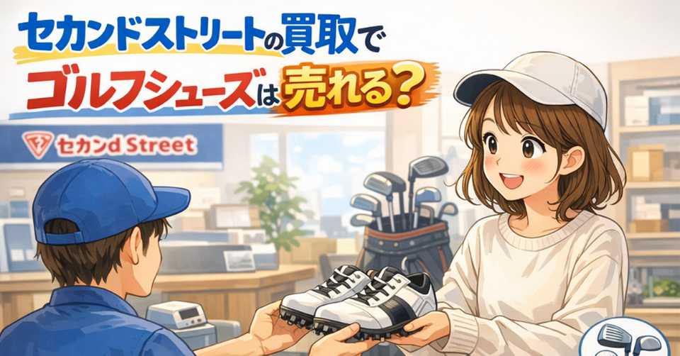 セカンドストリートでゴルフシューズを店員に見せて買取相談する女性のアイキャッチ画像
