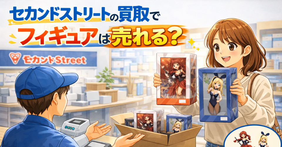 セカンドストリートでフィギュアを持ち込み店員に買取相談する女性のアイキャッチ画像