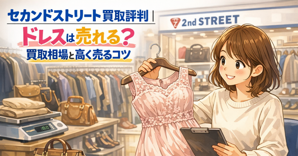 セカンドストリートでドレスの買取相場や高く売るコツを紹介するアイキャッチ画像。女性がドレスを持って査定をイメージしている
