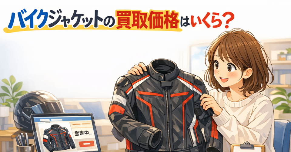 バイクジャケットの買取価格はいくら？というタイトルと、バイクジャケットを手に査定をイメージする女性を描いたアイキャッチ画像