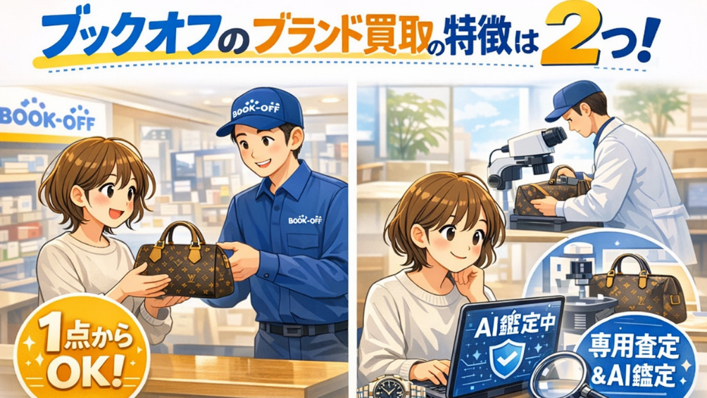 ブックオフのブランド買取の特徴として、1点から査定してもらえることと、専用の査定システムやAI鑑定による不正品対策があることを紹介したアイキャッチ画像