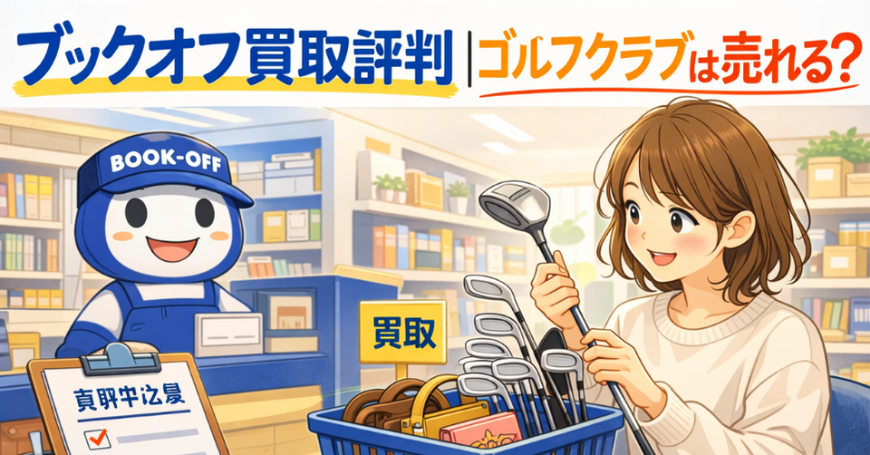 ブックオフでゴルフクラブの買取をイメージしたアイキャッチ画像。店内で女性がゴルフクラブを手にしているイラスト