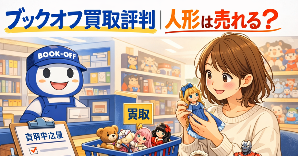 ブックオフで人形の買取をイメージしたアイキャッチ画像。店内で女性が人形を手にしているイラスト