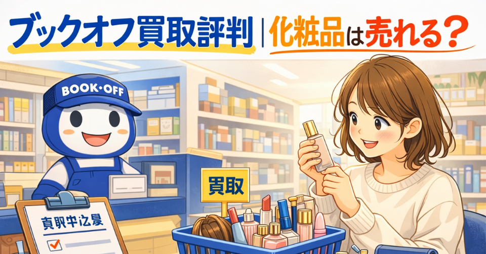 ブックオフで化粧品の買取をイメージしたアイキャッチ画像。店内で女性が化粧品ボトルを手にしているイラスト
