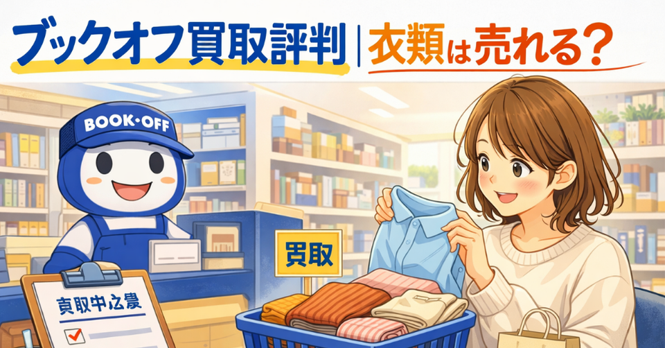 ブックオフで衣類の買取をイメージしたアイキャッチ画像。店内で女性がシャツを手にしているイラスト