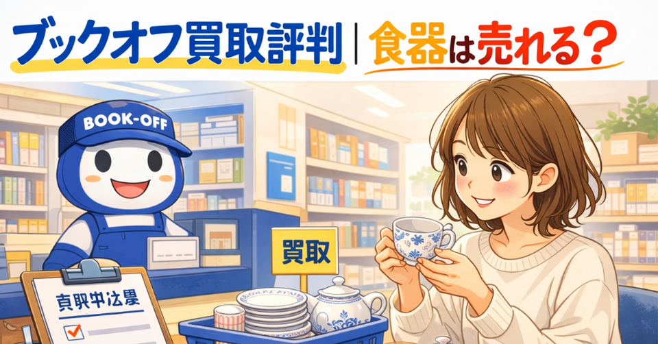 ブックオフで食器の買取をイメージしたアイキャッチ画像。店内で女性がカップを手にしているイラスト
