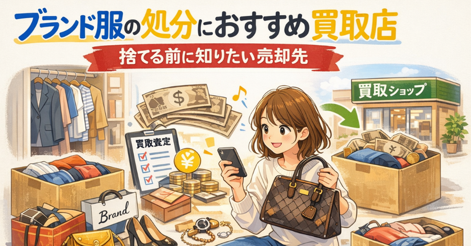 ブランド服を整理しながらスマホで買取店を調べる女性と売却先のイメージ