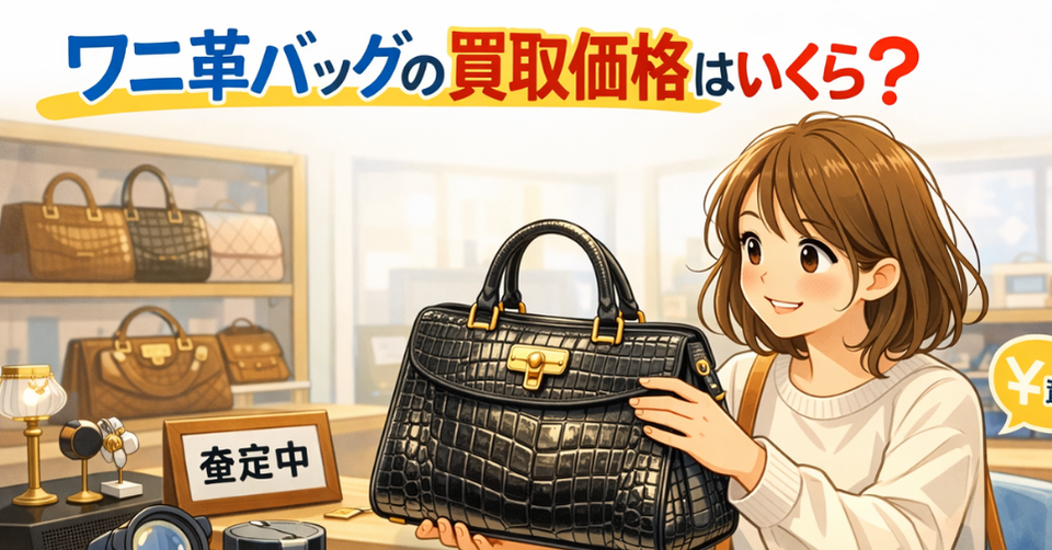 ワニ革バッグの買取価格はいくら？というタイトルと、ワニ革バッグを持って査定をイメージする女性を描いたアイキャッチ画像