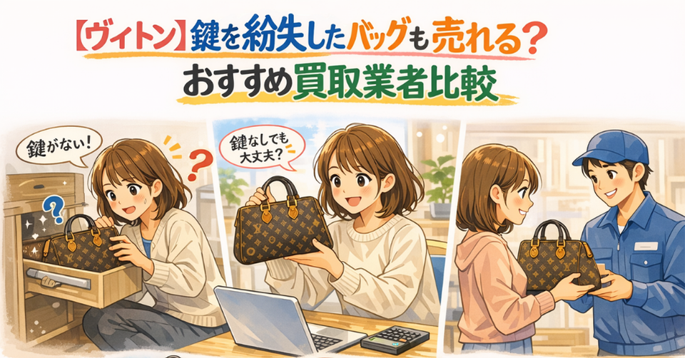 鍵をなくしたヴィトンのバッグを確認しながら、買取相談や査定を進める女性のアイキャッチ画像