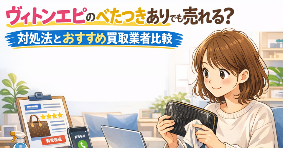 ヴィトンのエピ財布のべたつきを拭き取りながら、買取査定を検討する女性のイメージ