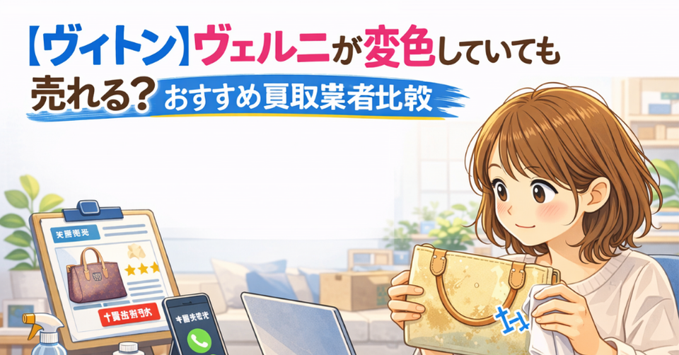 変色したルイヴィトンのヴェルニバッグを持ち、買取査定を考える女性のイメージ