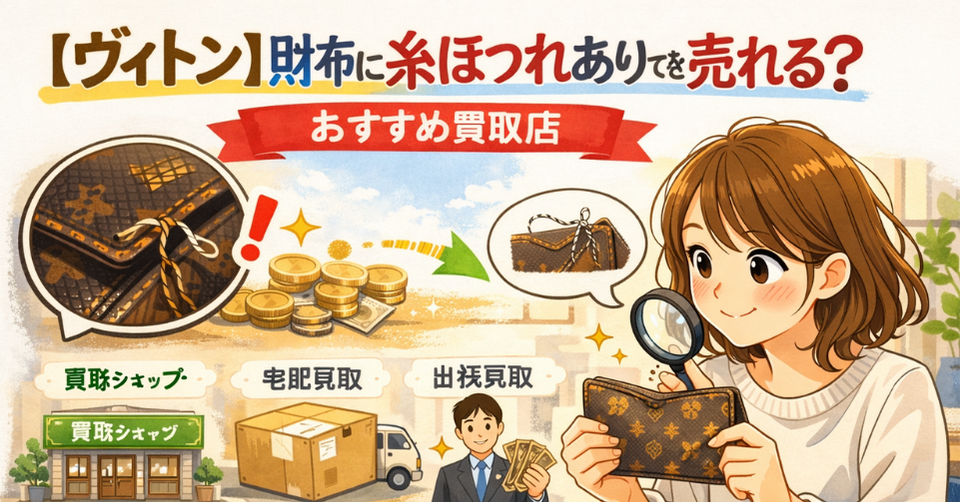糸ほつれのあるヴィトン財布を女性が確認しながらおすすめ買取店を比較しているイメージ