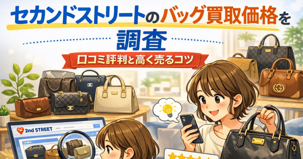 セカンドストリートのバッグ買取価格や口コミ評判、高く売るコツをスマホとパソコンで調べる女性を描いたアイキャッチ画像