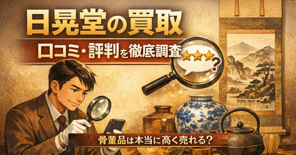 日晃堂の買取に関する口コミ・評判を調査するイメージで、査定士と骨董品が描かれたアイキャッチ画像
