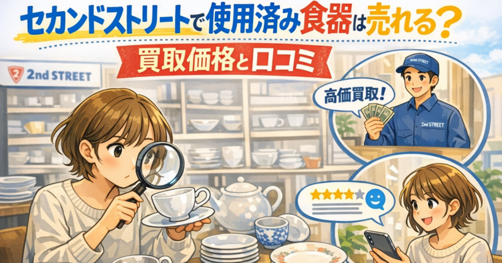 セカンドストリートで使用済み食器が売れるのかを調べるために、食器の買取価格や口コミを確認している様子を表したイメージ画像