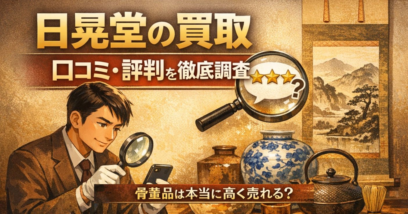 日晃堂の買取に関する口コミ・評判を調査するイメージで、査定士と骨董品が描かれたアイキャッチ画像