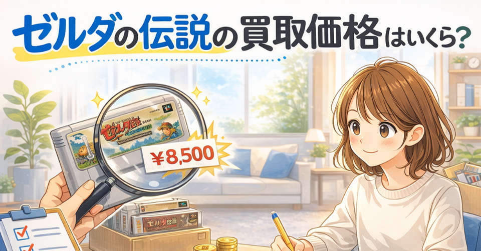 ゼルダの伝説の買取価格を虫眼鏡で確認しながら相場を調べている女性のイメージイラスト