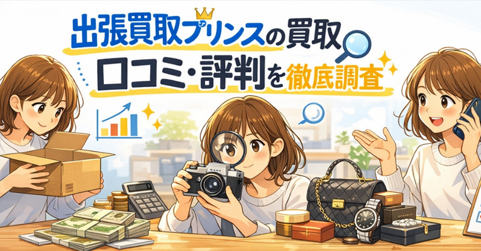 出張買取プリンスの買取に関する口コミ・評判を徹底調査している様子を表したアイキャッチ画像。箱を確認する女性やカメラをチェックする女性、電話対応する女性とブランド品・腕時計・現金・チェックリストが描かれている。