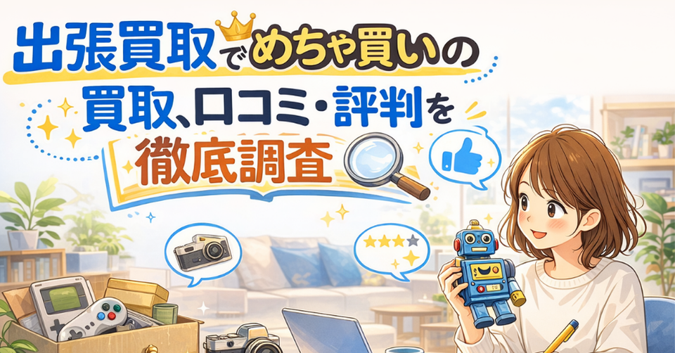 出張買取めちゃ買いの買取に関する口コミ・評判を徹底調査している様子を表したアイキャッチ画像。レトロなおもちゃやカメラ、ゲーム機が入った箱と、ロボットを手にしながら査定内容を確認する女性が描かれている。
