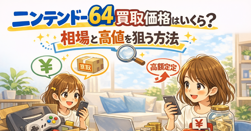 ニンテンドー64の買取価格や相場、高値を狙う方法を紹介する記事のアイキャッチ画像。スマホで査定を確認しながら本体を売る準備をする人物とニンテンドー64本体が描かれている。