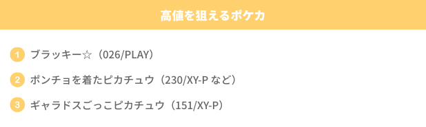高値を狙えるポケカ3選として、ブラッキー、ポンチョを着たピカチュウ、ギャラドスごっこピカチュウの主な価格帯をまとめた一覧画像