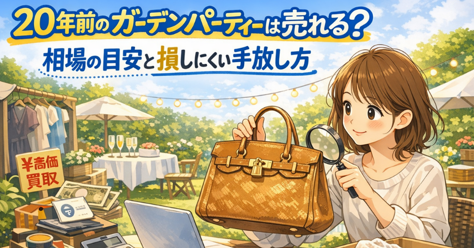 20年前のエルメス・ガーデンパーティーを女性が確認しながら、売れるかどうかや相場の目安、損しにくい手放し方を紹介しているアイキャッチ画像
