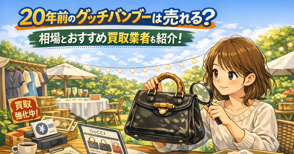 20年前のグッチバンブーの買取相場やおすすめ買取業者を解説するアイキャッチ画像。屋外で女性がグッチのバンブーバッグを確認しているイラスト