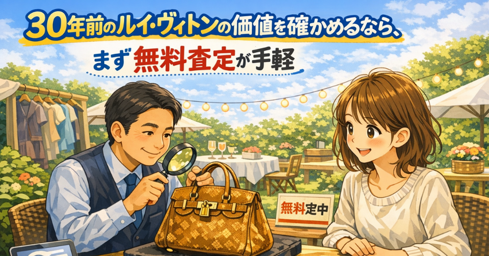 30年前のルイ・ヴィトンのバッグを無料査定で確認している様子を描いたアイキャッチ画像