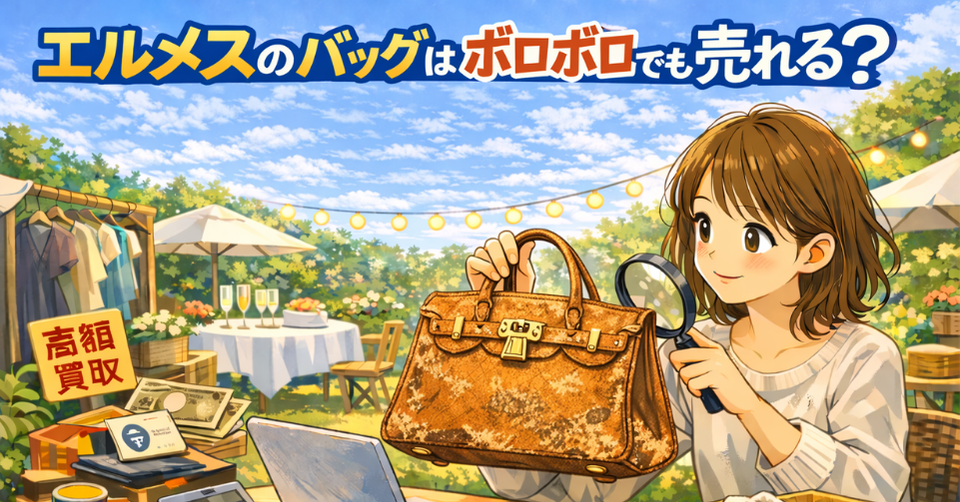 傷みのあるエルメスのバッグを虫眼鏡で見ている女性のアイキャッチ画像