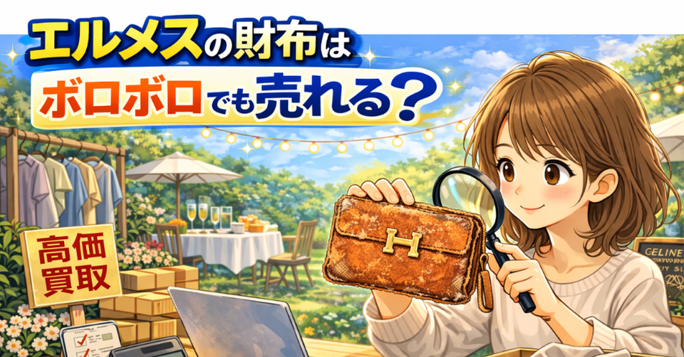 ボロボロのエルメス財布を査定する様子｜ブランド品買取