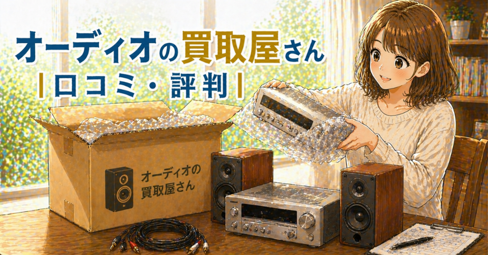 オーディオ機器を箱に梱包して買取に出す女性のイラスト