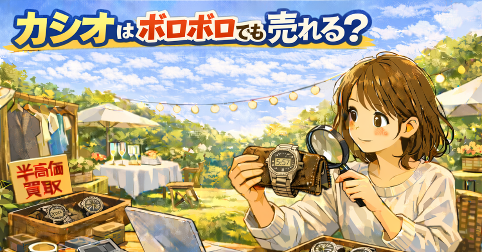 カシオのデジタル腕時計をチェックする女性と査定風景