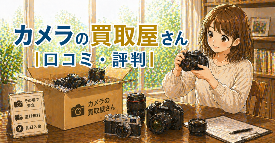 カメラやレンズを買取査定に出す女性のイラスト