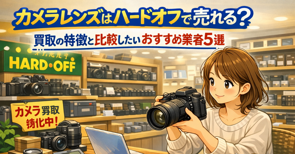 ハードオフ風の店内で、女性がカメラを両手で持ちながら査定や買取比較をしている様子を描いた、カメラレンズ買取記事のアイキャッチ画像