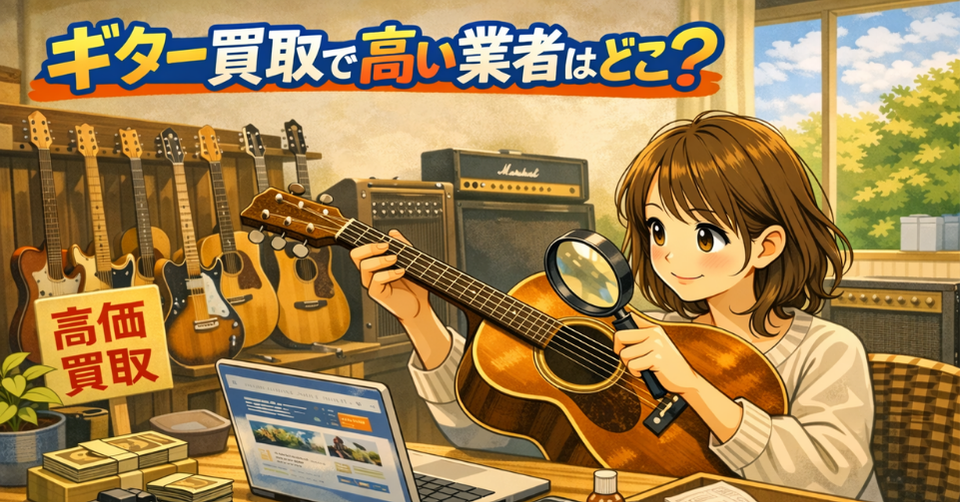 アコースティックギターをチェックしながら買取価格を調べる女性