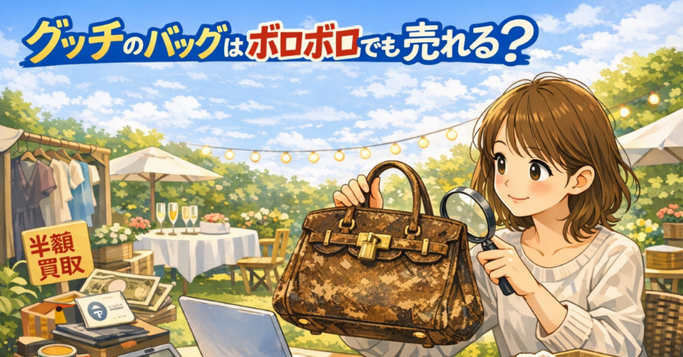ボロボロのグッチのバッグを虫眼鏡で確認している女性のアイキャッチ画像
